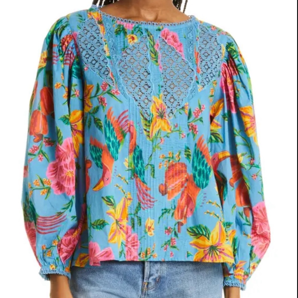Farm Rio - Toucans Lace Inset Balloon Sleeve Cotton Blouse